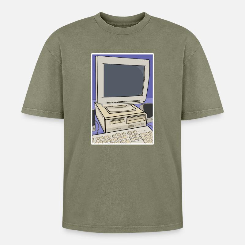 Retro-Computer-Desktop-Einrichtung - Oversized Unisex Premium Acid-Washed T-Shirt - Grün Acid Wash