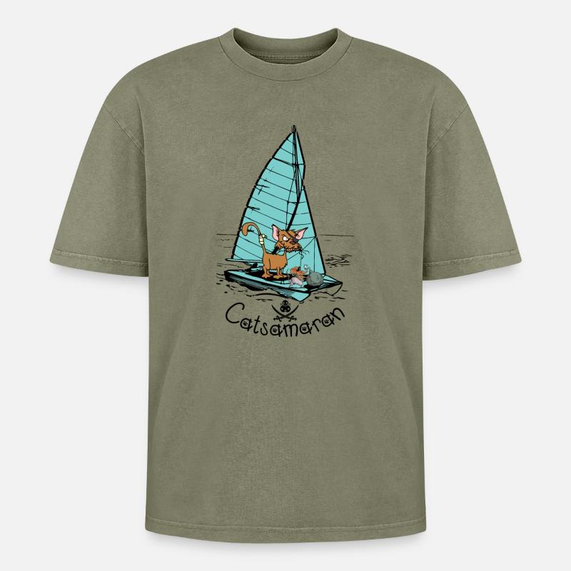 Katzamaran Katzen Boot - Oversized Unisex Premium Acid-Washed T-Shirt - Grün Acid Wash