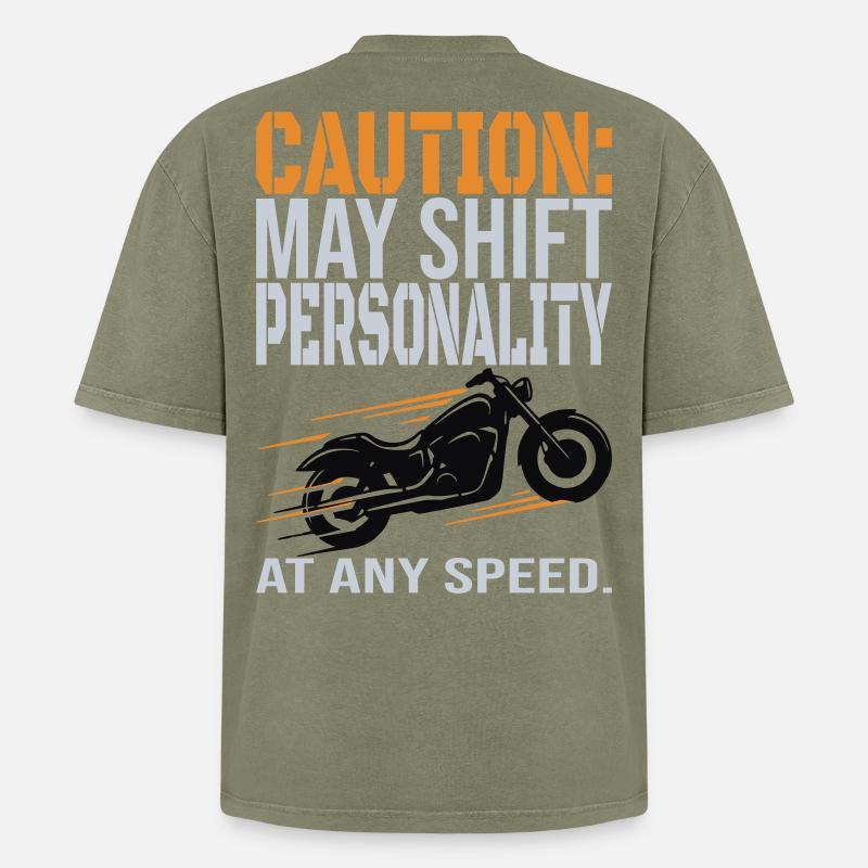 Caution – Personality Shift Biker Design - Oversized Unisex Premium Acid-Washed T-Shirt - Grün Acid Wash