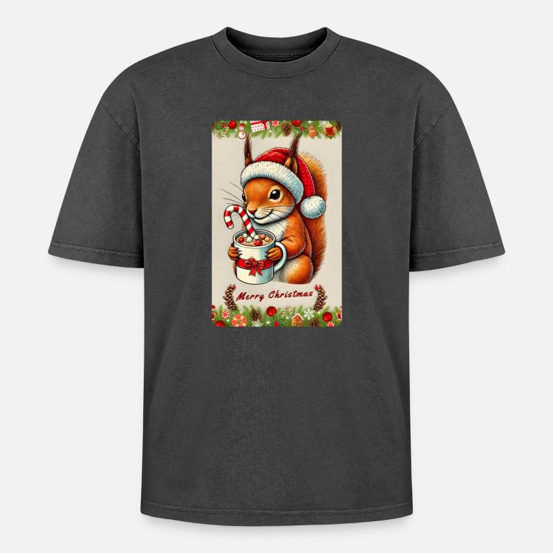 Weihnachts-Eichhörnchen mit heißer Schokolade - Oversized Unisex Premium Acid-Washed T-Shirt - Schwarz Acid Wash