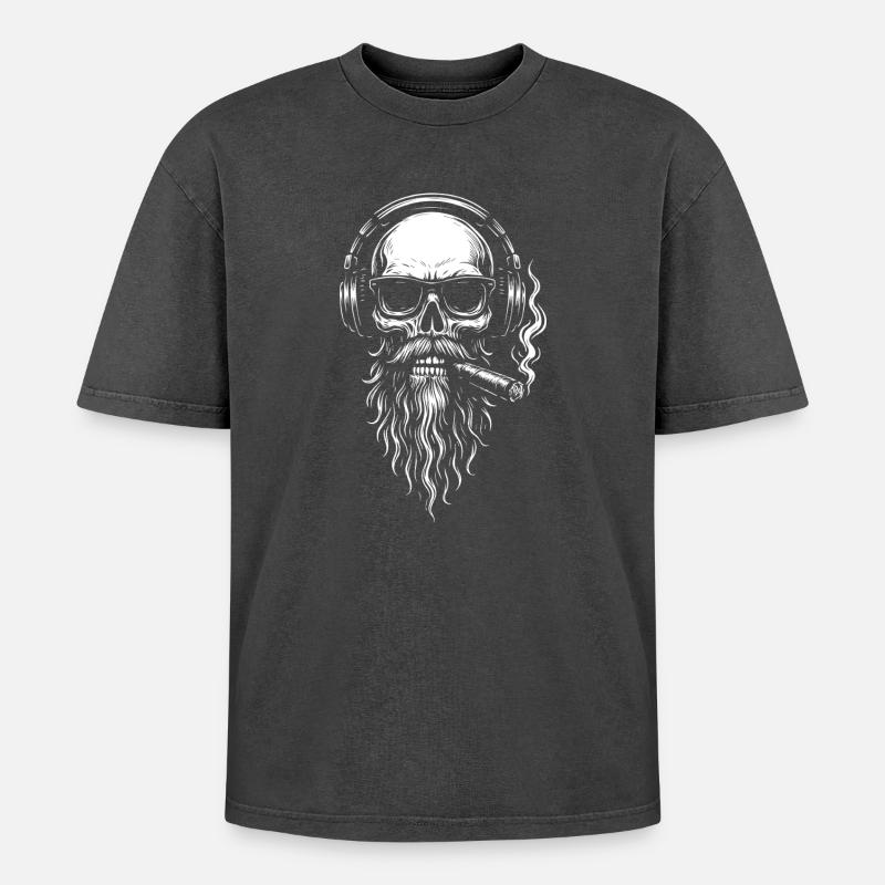 Einfarbiger Totenkopf-DJ mit Bart - Oversized Unisex Premium Acid-Washed T-Shirt - Schwarz Acid Wash