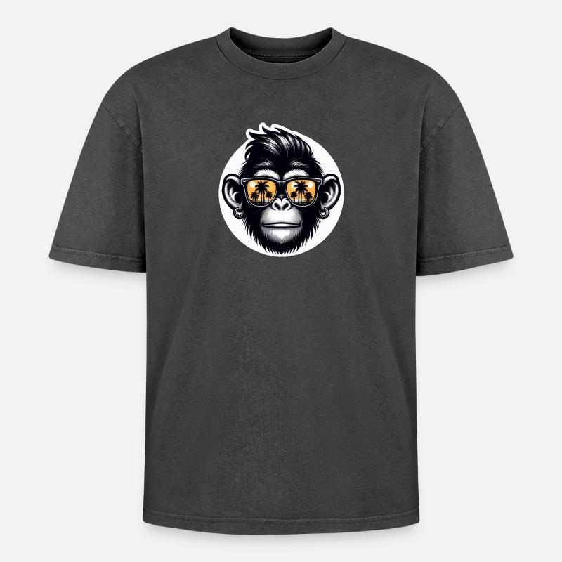 Monkey Glasses Palm Trees - Oversized Unisex Premium Acid-Washed T-Shirt - acid washed black