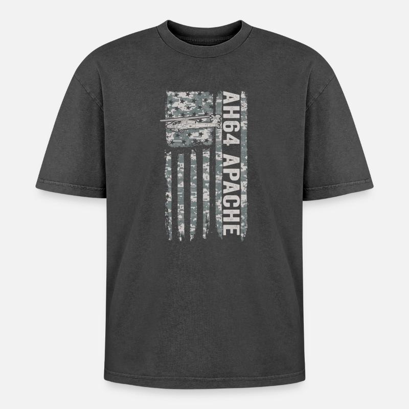 AH-64 Apache helicopter with American flag - Oversized Unisex Premium Acid-Washed T-Shirt - acid washed black