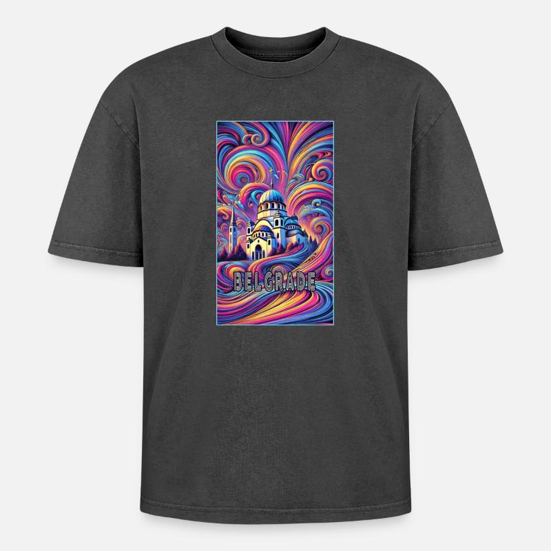 Belgrad Serbien Panorama Design - Oversized Unisex Premium Acid-Washed T-Shirt - Schwarz Acid Wash