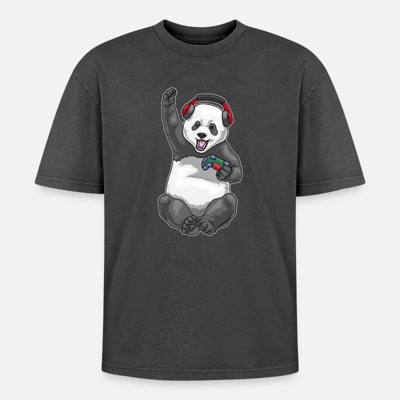 Panda Gamer Controller - Oversized Unisex Premium Acid-Washed T-Shirt - Schwarz Acid Wash