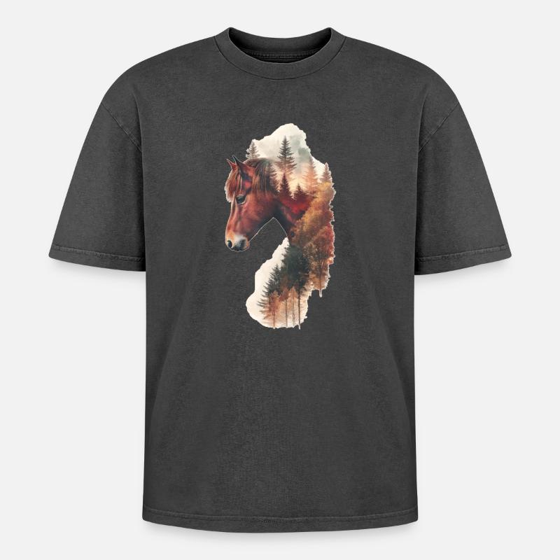 Pferd - Oversized Unisex Premium Acid-Washed T-Shirt - Schwarz Acid Wash