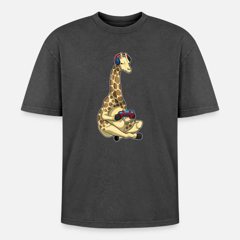 Giraffe Gamer Controller - Oversized Unisex Premium Acid-Washed T-Shirt - Schwarz Acid Wash