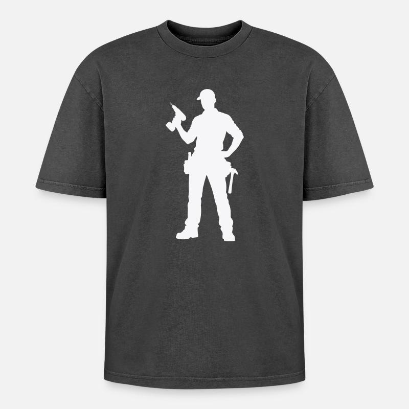 Craftsman silhouette with tools - Oversized Unisex Premium Acid-Washed T-Shirt - acid washed black
