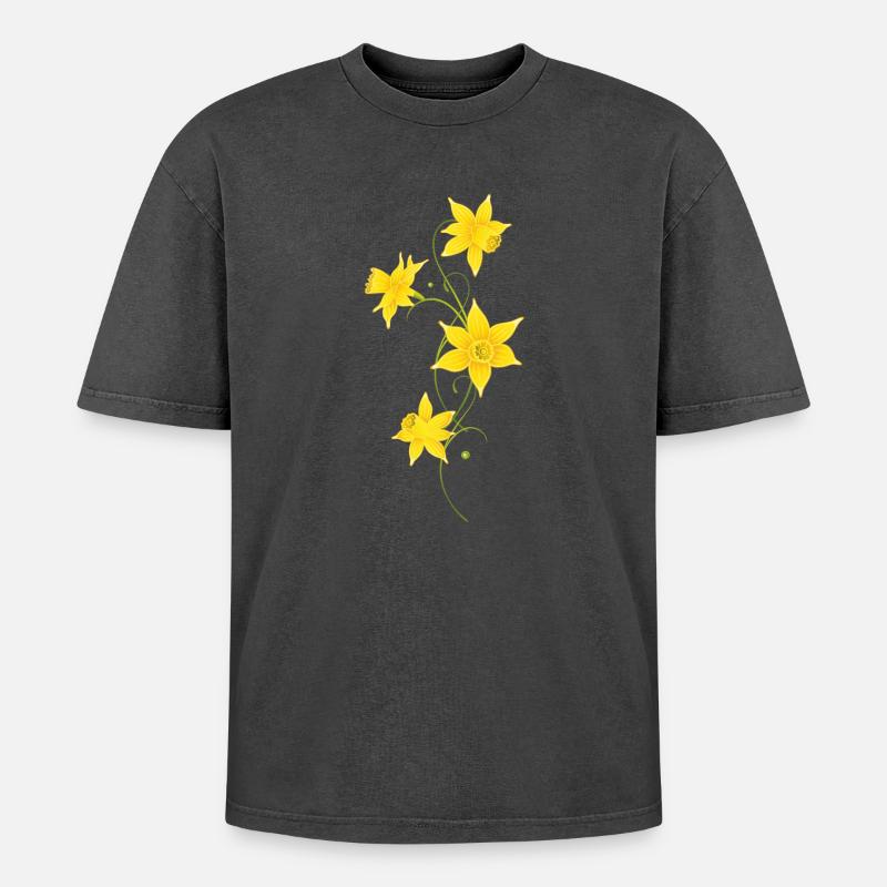 Filigree Daffodils Flowers. Spring, Easter. - Oversized Unisex Premium Acid-Washed T-Shirt - acid washed black