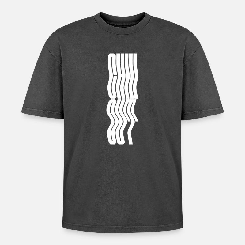 Chill Out welliges Typografie-Logodesign - Oversized Unisex Premium Acid-Washed T-Shirt - Schwarz Acid Wash