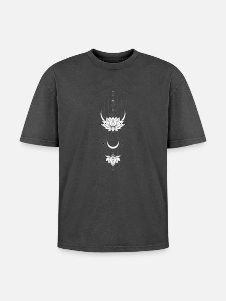 Lotus Mandala and Lunar Crescent - Oversized Unisex Premium Acid-Washed T-Shirt - acid washed black