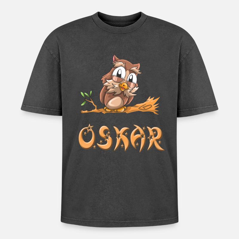 Eule Oskar - Oversized Unisex Premium Acid-Washed T-Shirt - Schwarz Acid Wash