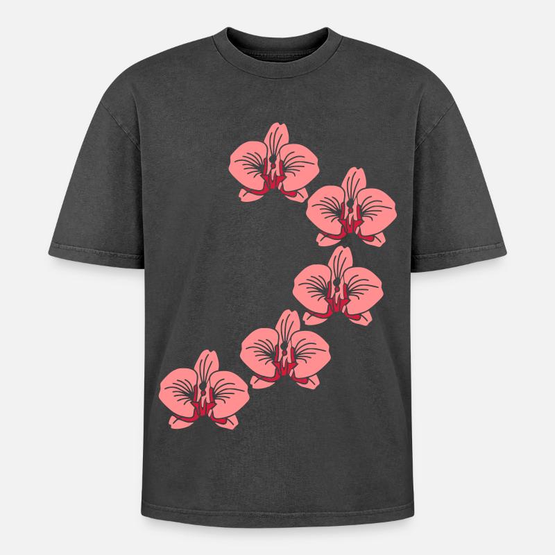 Orchideen - Oversized Unisex Premium Acid-Washed T-Shirt - Schwarz Acid Wash
