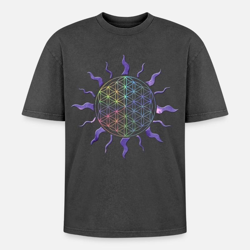 Blume des Lebens Sonne Mandala Regenbogen - Oversized Unisex Premium Acid-Washed T-Shirt - Schwarz Acid Wash