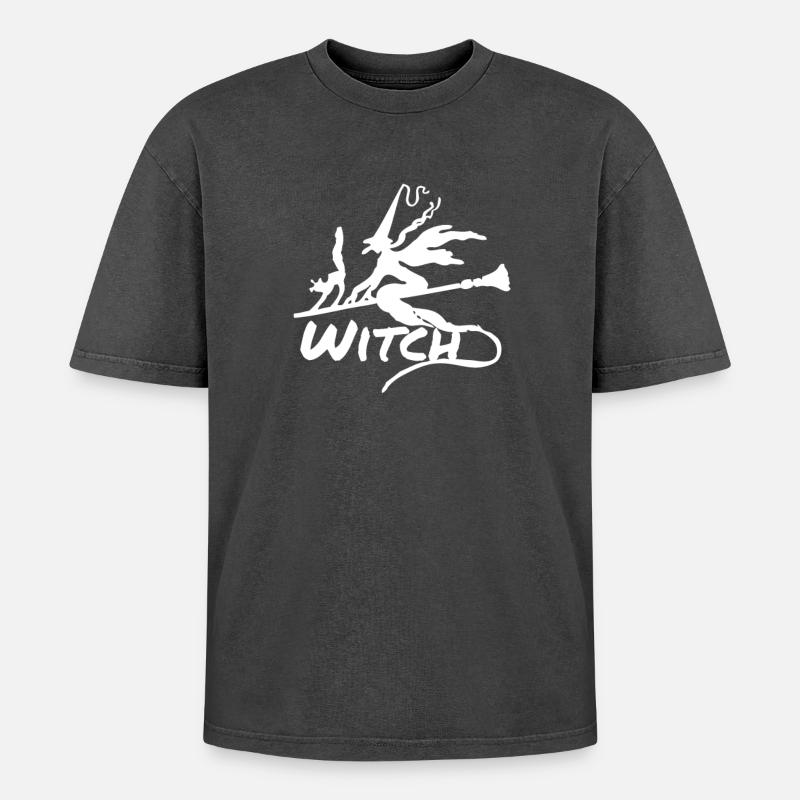 Flying Witch - Oversized Unisex Premium Acid-Washed T-Shirt - acid washed black