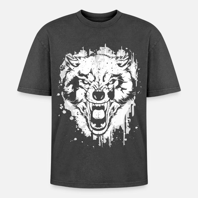 Wolf - Wölfe - Werwolf - Wolfsrudel - Vollmond - Oversized Unisex Premium Acid-Washed T-Shirt - Schwarz Acid Wash