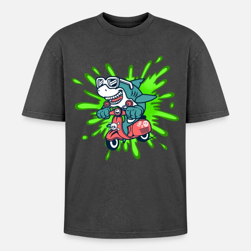 Shark Funny Moped Moped Roller Comic - Oversized Unisex Premium Acid-Washed T-Shirt - acid washed black