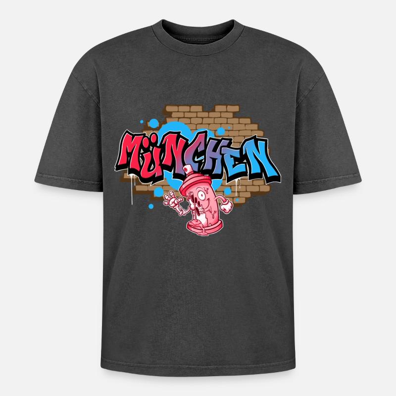München Graffiti - Oversized Unisex Premium Acid-Washed T-Shirt - Schwarz Acid Wash