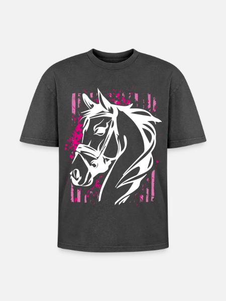 Graffiti-Stil Pferd mit Pinkem Farbsplash - Oversized Unisex Premium Acid-Washed T-Shirt - Schwarz Acid Wash