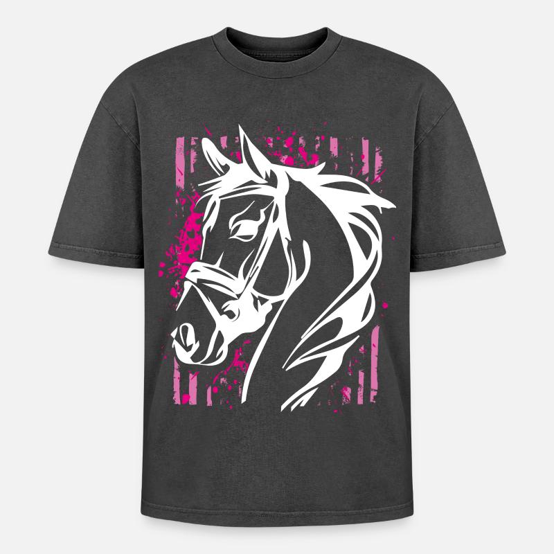 Graffiti-Stil Pferd mit Pinkem Farbsplash - Oversized Unisex Premium Acid-Washed T-Shirt - Schwarz Acid Wash