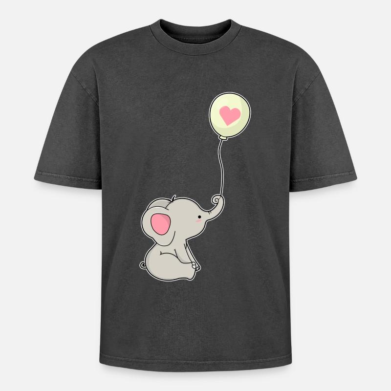 Elefant & Luftballon mit Herz - Oversized Unisex Premium Acid-Washed T-Shirt - Schwarz Acid Wash