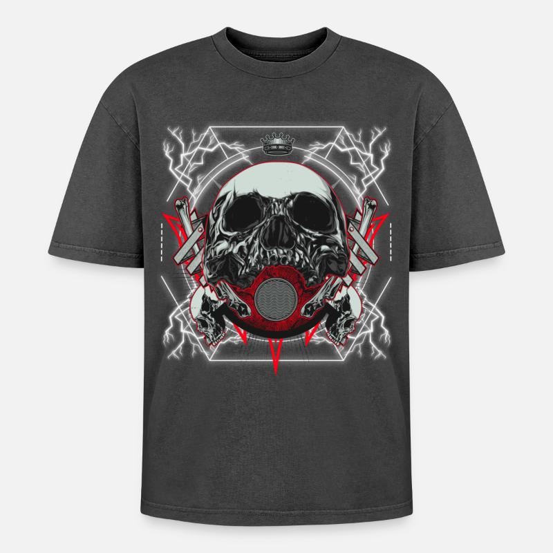Skull Artwork with Lightning - Oversized Unisex Premium Acid-Washed T-Shirt - acid washed black