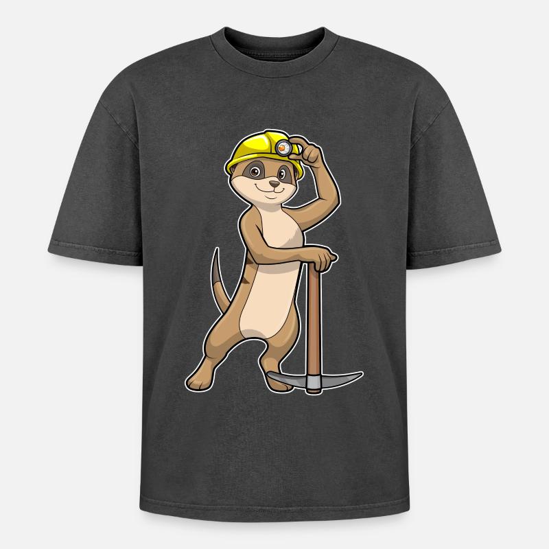 Erdmännchen als Bergarbeiter mit Spitzhacke - Oversized Unisex Premium Acid-Washed T-Shirt - Schwarz Acid Wash