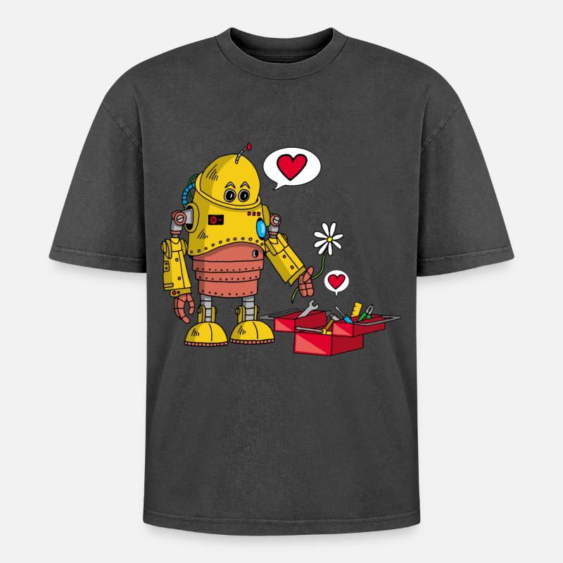 Verliebter Roboter - Oversized Unisex Premium Acid-Washed T-Shirt - Schwarz Acid Wash