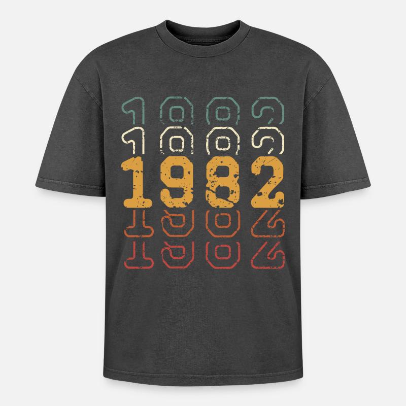 1982 - T-shirt Premium unisexe oversize acid-washed - noir délavé acide