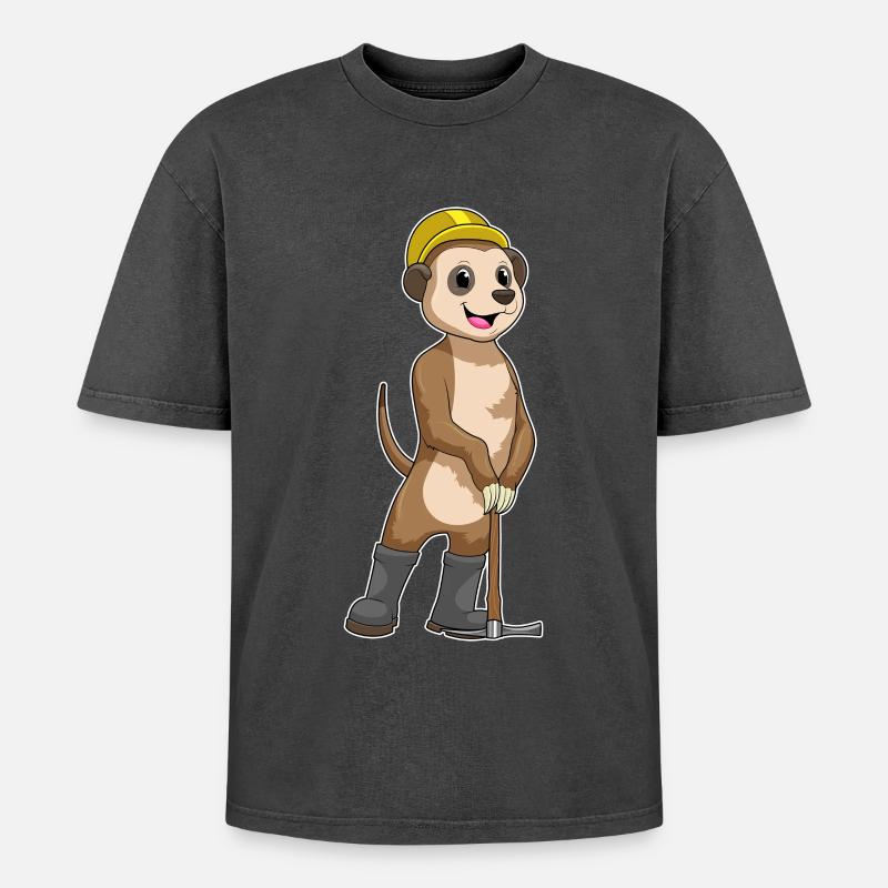 Erdmännchen als Bergarbeiter mit Spitzhacke - Oversized Unisex Premium Acid-Washed T-Shirt - Schwarz Acid Wash