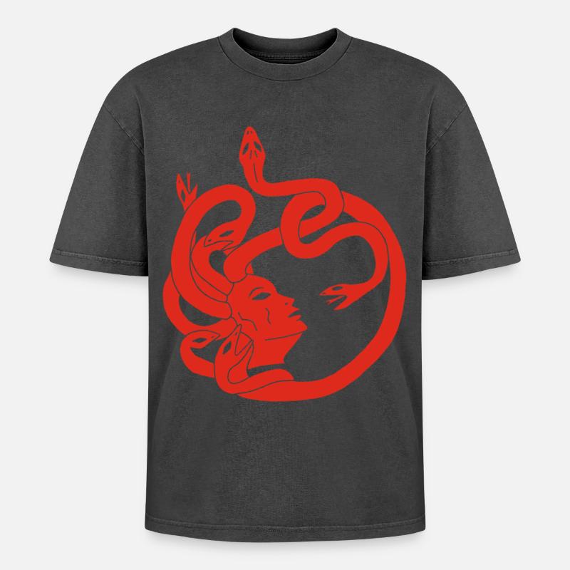 Frau mit Schlangenhaar (rot) - Oversized Unisex Premium Acid-Washed T-Shirt - Schwarz Acid Wash
