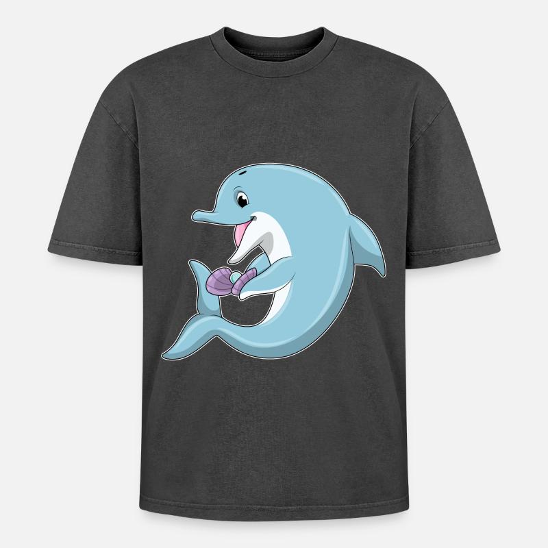 Delfin mit Perle - Oversized Unisex Premium Acid-Washed T-Shirt - Schwarz Acid Wash