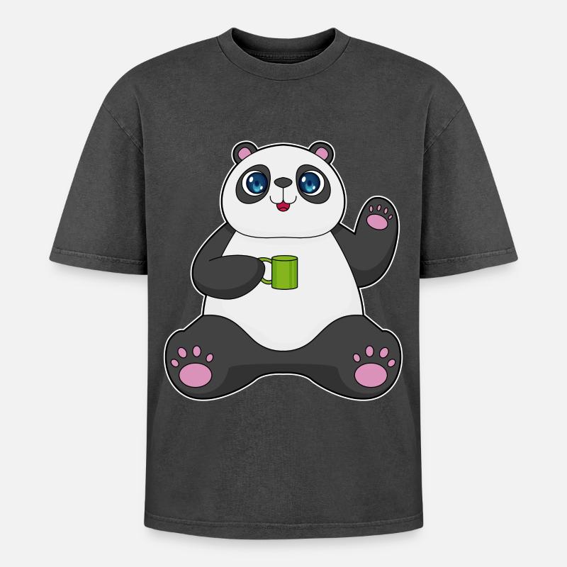 Panda mit Kaffeebecher - Oversized Unisex Premium Acid-Washed T-Shirt - Schwarz Acid Wash
