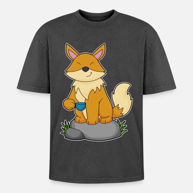 Fuchs mit Kaffeetasse - Oversized Unisex Premium Acid-Washed T-Shirt - Schwarz Acid Wash