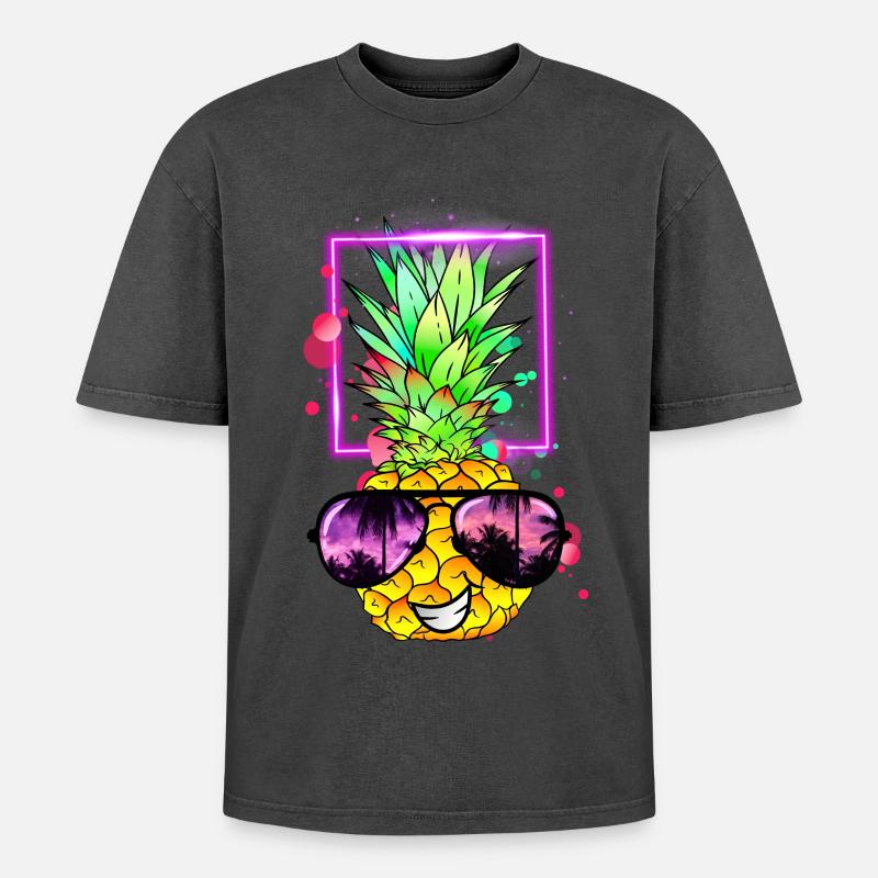 coole Ananas Retro Neon - Oversized Unisex Premium Acid-Washed T-Shirt - Schwarz Acid Wash