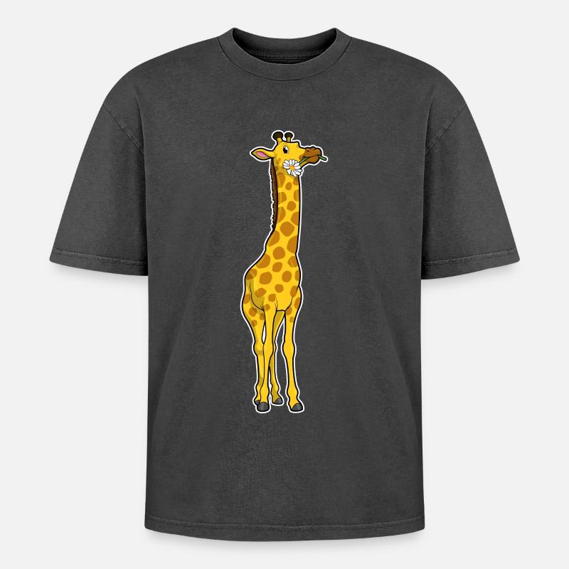 Giraffe mit Gänseblümchen - Oversized Unisex Premium Acid-Washed T-Shirt - Schwarz Acid Wash