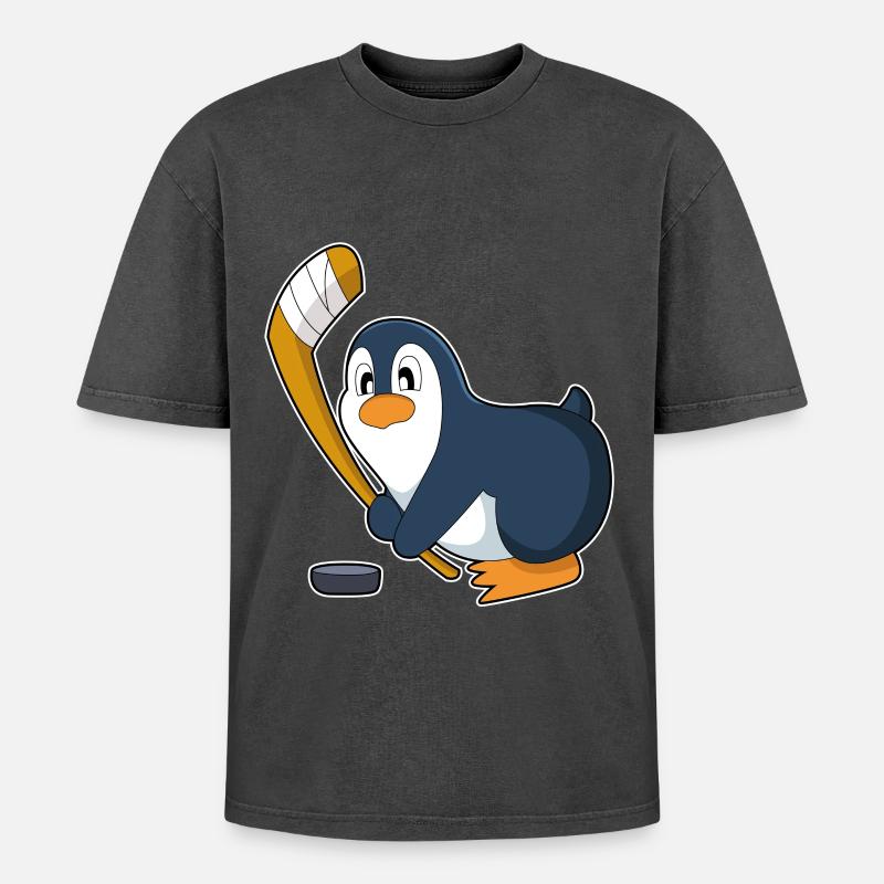 Pinguin Eishockey Eishockeyschläger - Oversized Unisex Premium Acid-Washed T-Shirt - Schwarz Acid Wash