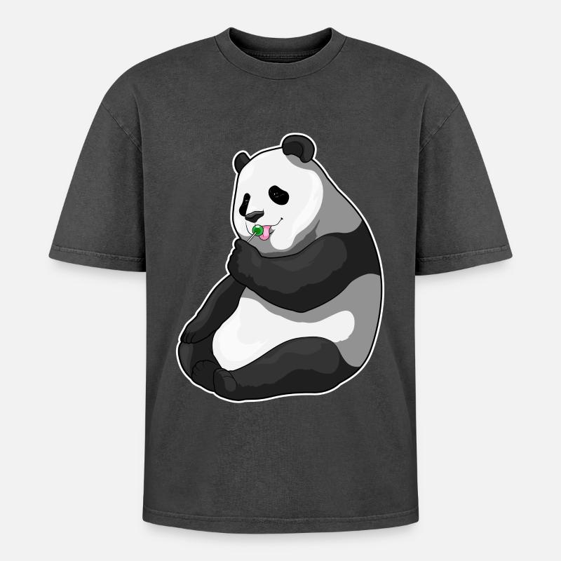 Panda Lutscher - Oversized Unisex Premium Acid-Washed T-Shirt - Schwarz Acid Wash