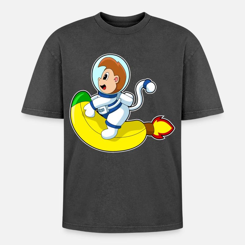 Affe Banane Astronaut - Oversized Unisex Premium Acid-Washed T-Shirt - Schwarz Acid Wash