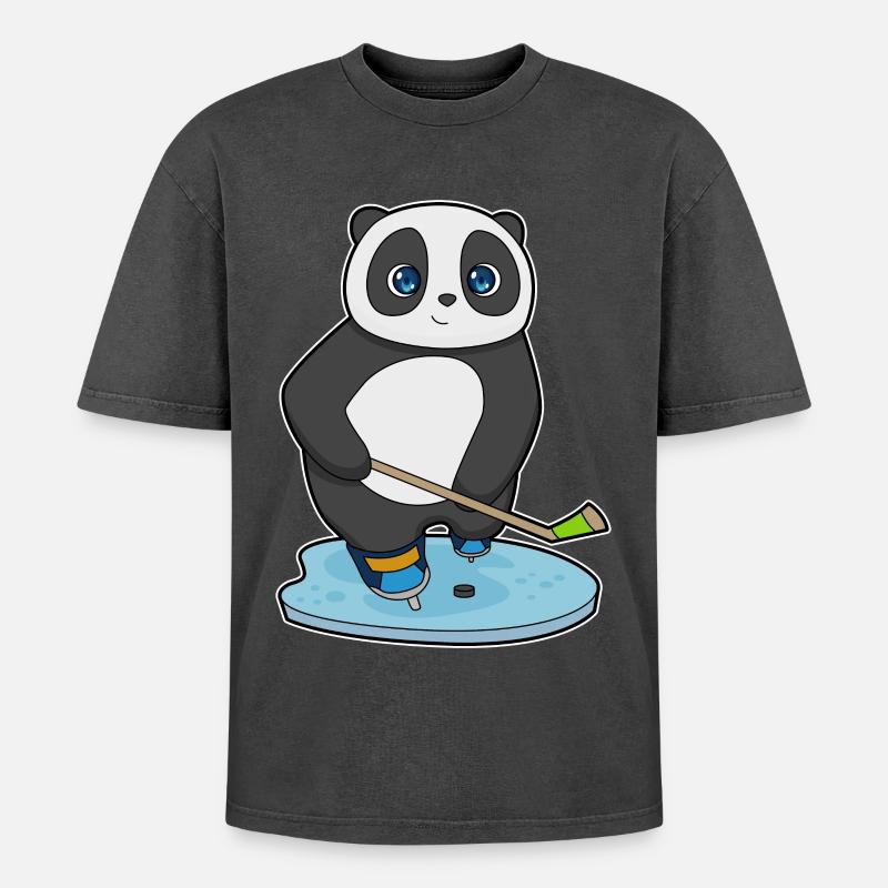 Panda Eishockey Eishockeyschläger - Oversized Unisex Premium Acid-Washed T-Shirt - Schwarz Acid Wash