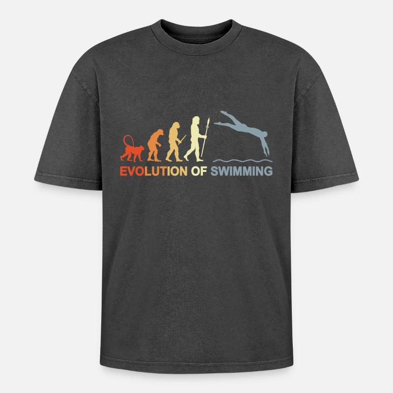 Evolution des Schwimmens - Oversized Unisex Premium Acid-Washed T-Shirt - Schwarz Acid Wash
