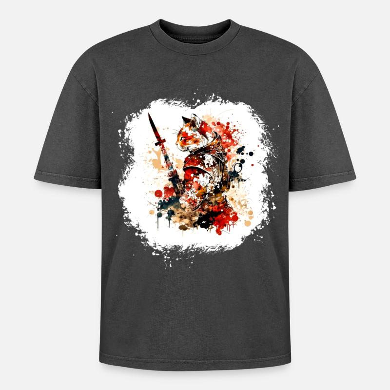 Samurai Katze Rot Schwarz - Oversized Unisex Premium Acid-Washed T-Shirt - Schwarz Acid Wash