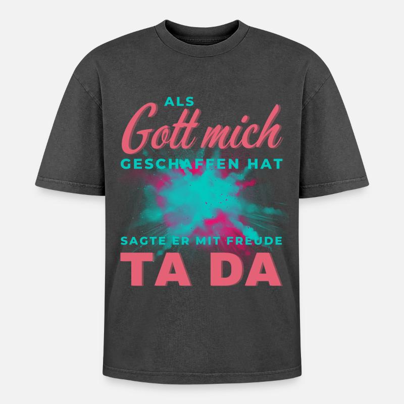 Bunter Schrift-Splash TA DA - Oversized Unisex Premium Acid-Washed T-Shirt - Schwarz Acid Wash