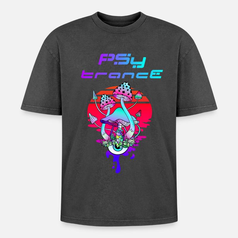 Psytrance Psychedelic Pilz Sunset - Oversized Unisex Premium Acid-Washed T-Shirt - Schwarz Acid Wash