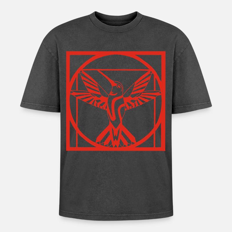 Vitruv roter Vogel - Oversized Unisex Premium Acid-Washed T-Shirt - Schwarz Acid Wash
