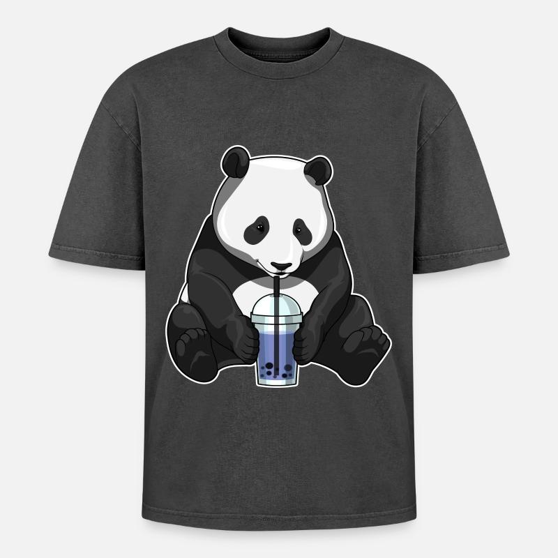 Panda Bubble Tea - T-shirt Premium unisexe oversize acid-washed - noir délavé acide