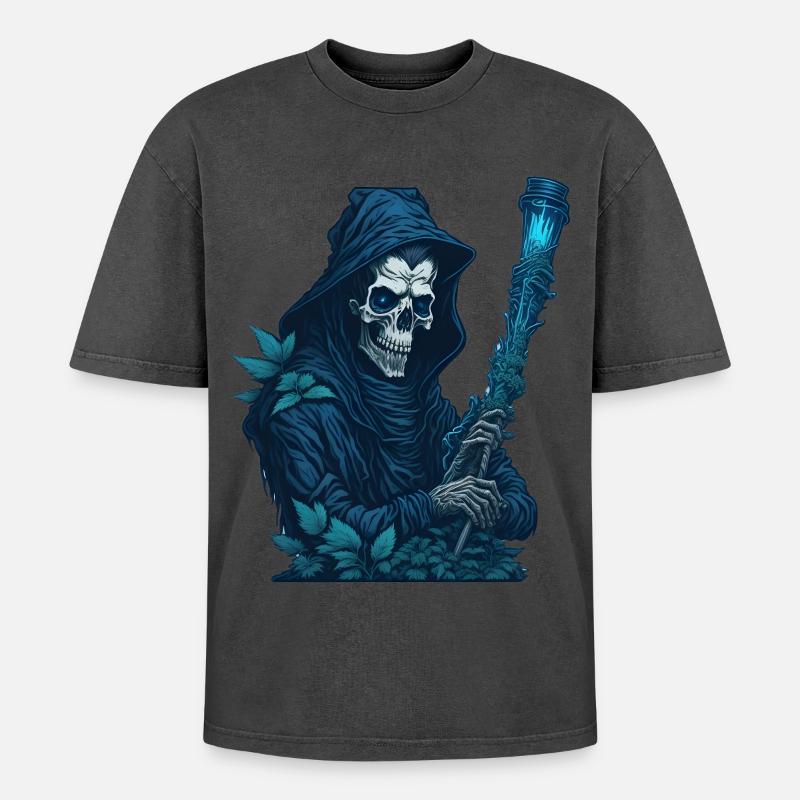 Sensenmann mit Gras Pfeife - Oversized Unisex Premium Acid-Washed T-Shirt - Schwarz Acid Wash