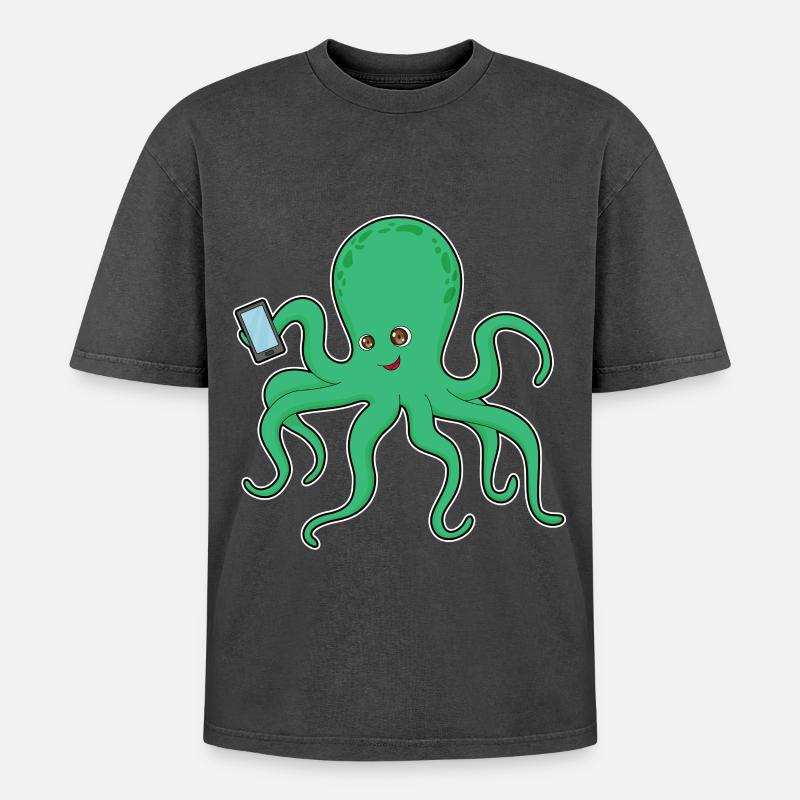 Octopus Mobile - T-shirt Premium unisexe oversize acid-washed - noir délavé acide