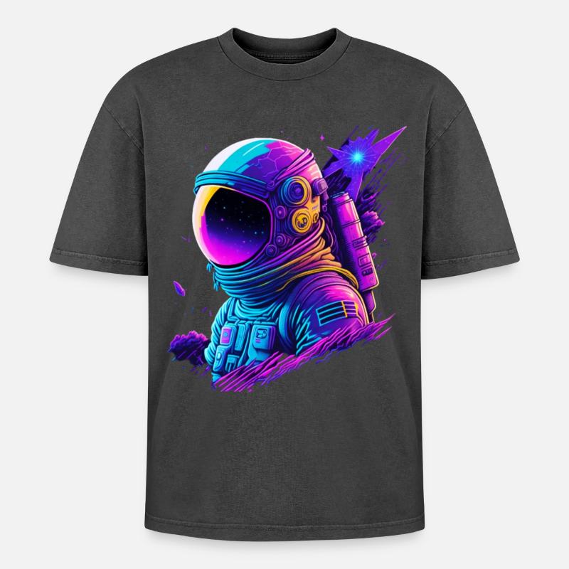Synthwave Astronaut Space Explorer - Oversized Unisex Premium Acid-Washed T-Shirt - Schwarz Acid Wash