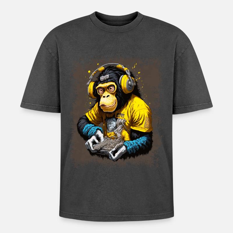 DJ Monkey - Oversized Unisex Premium Acid-Washed T-Shirt - acid washed black